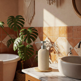 Lunestella sandstone texture adds Boho warmth to bathroom decor.