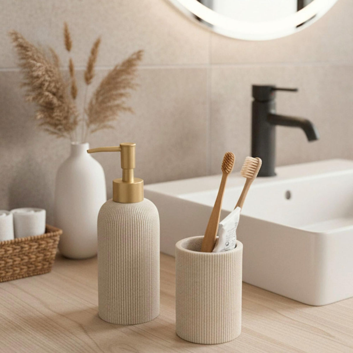LUNESTELLA sandstone texture dispenser highlights durable resin and stylish finish