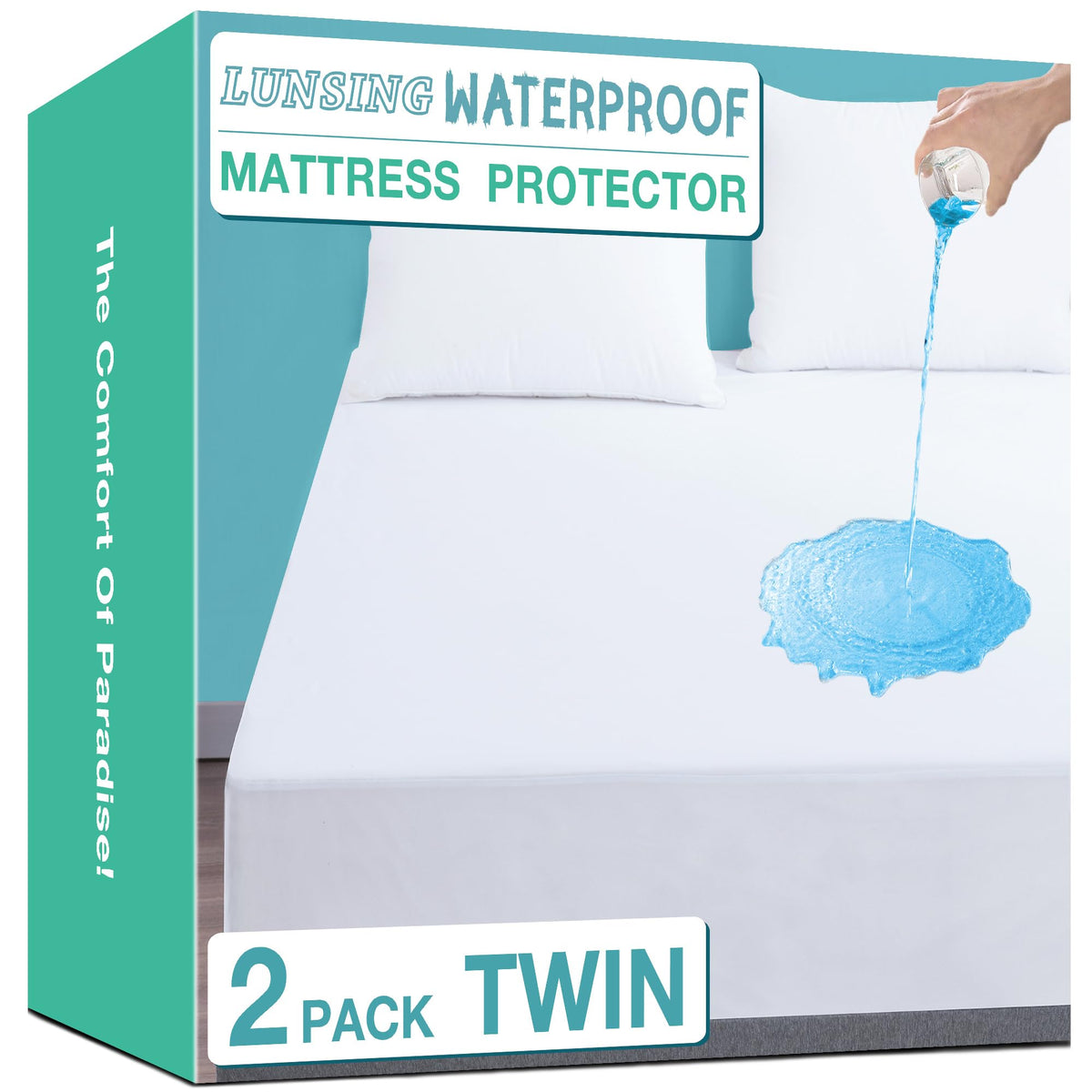 Lunsing Soft 2-Pack Twin-Size Mattress Protector front view with waterproof protection