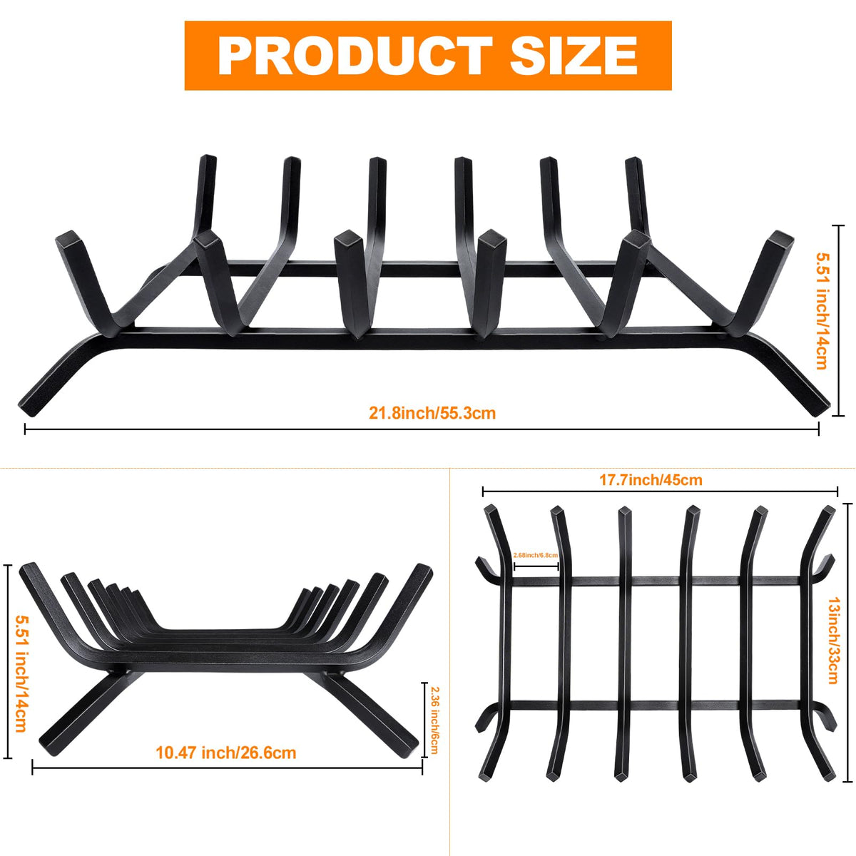 Luoieo fireplace grate side view highlights thick welds and solid legs for durability.