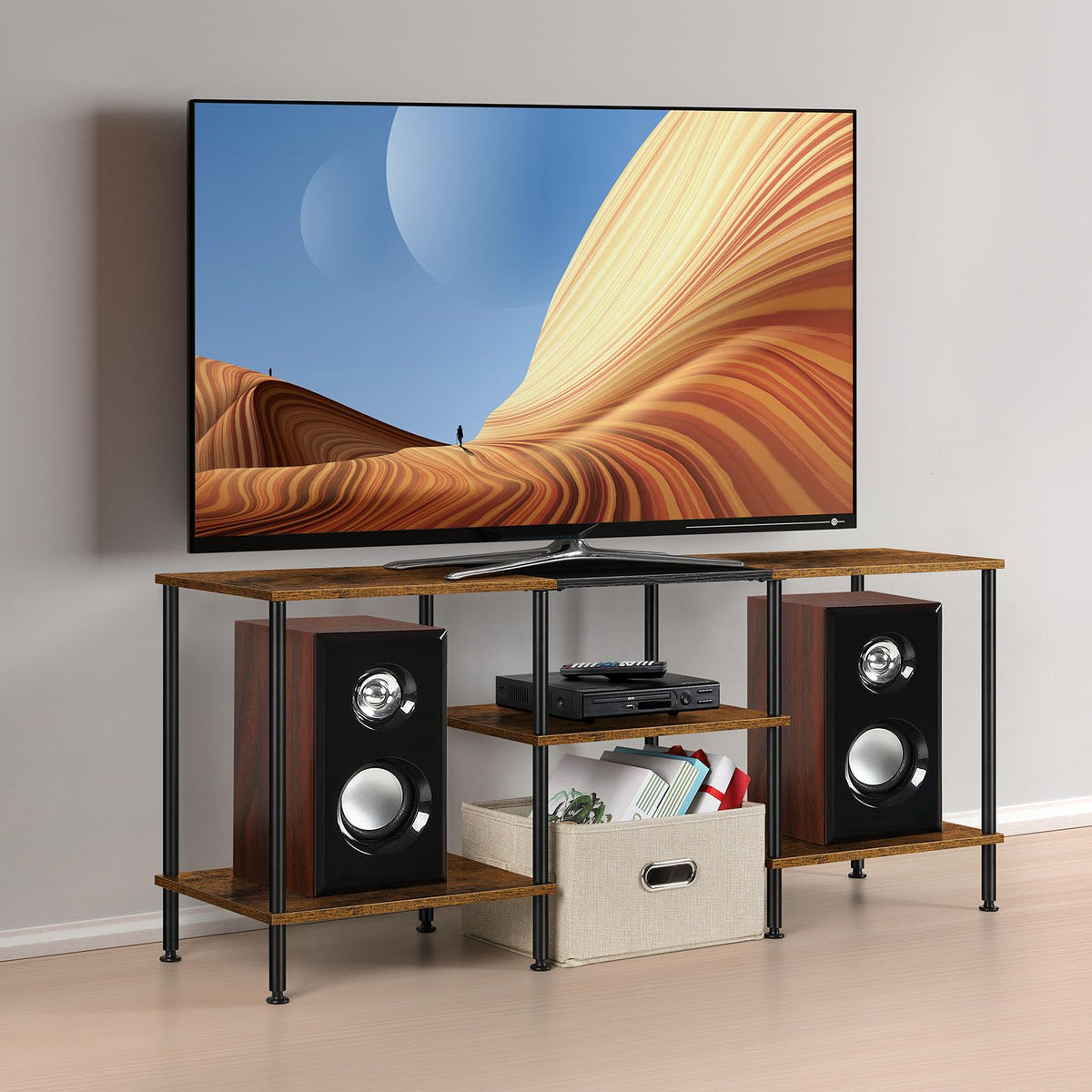 Luplom 50-inch TV stand in rustic brown, top shelf ready for TV display and clean lines