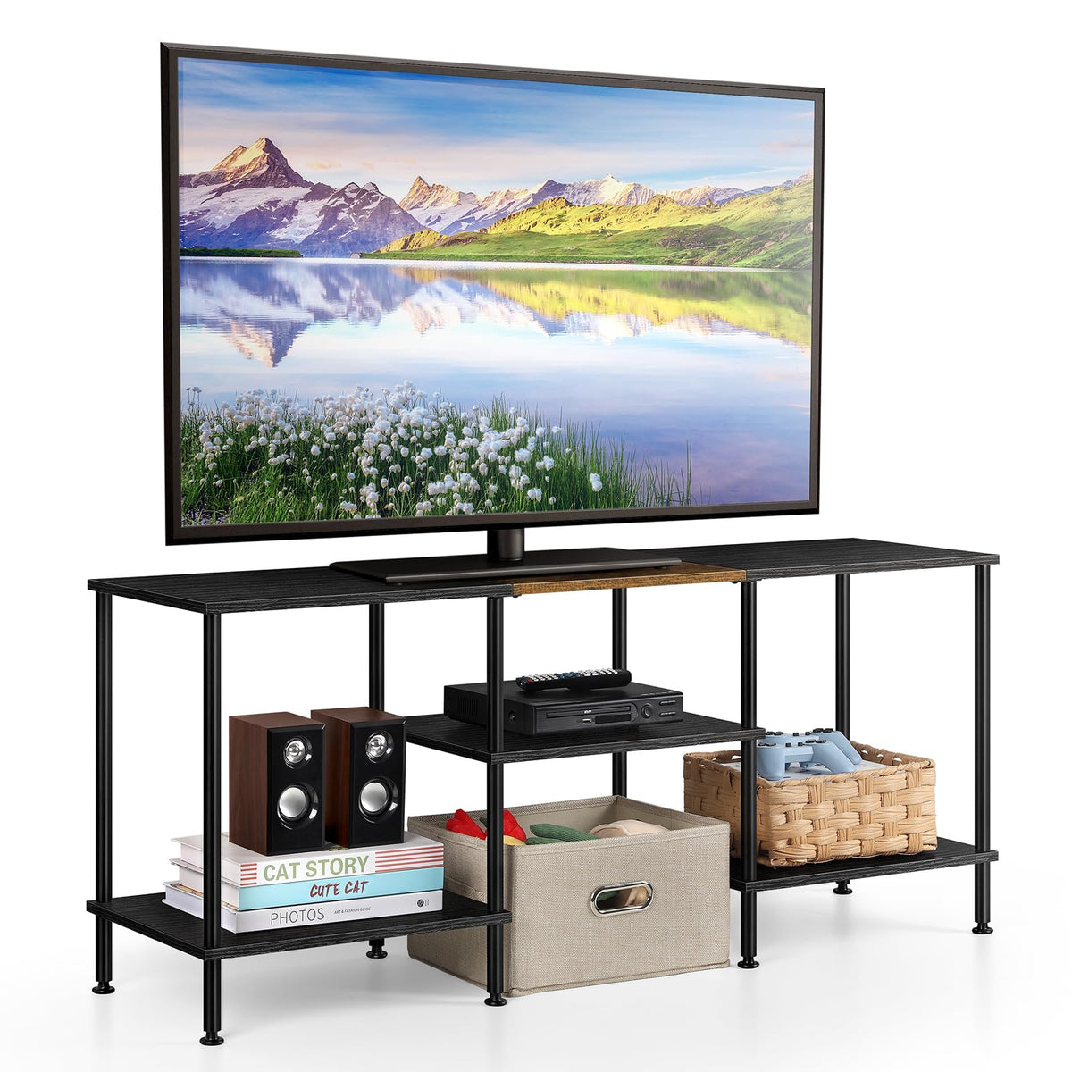 Luplom black living room console complements decor while storing essentials.