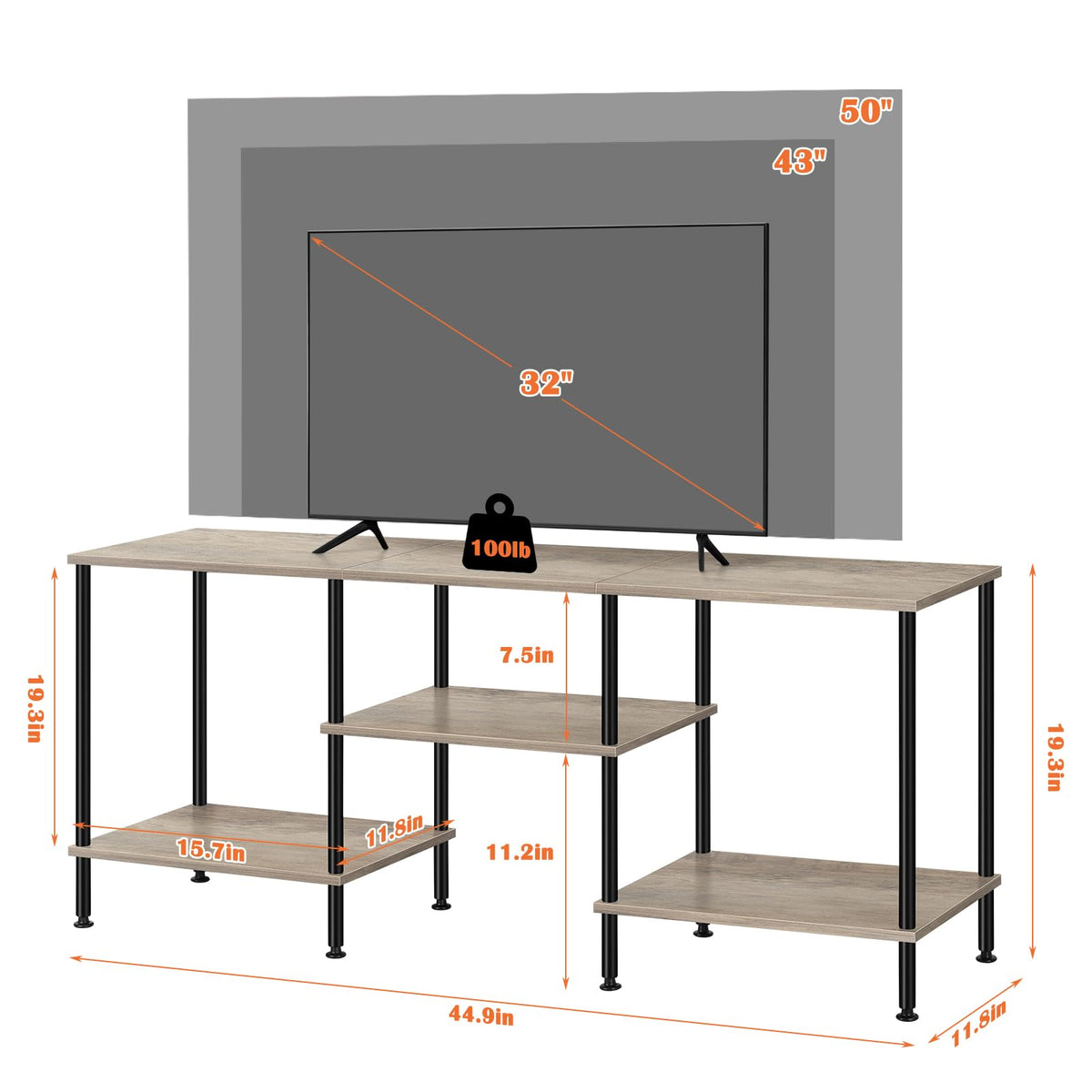 Luplom rustic-grey 3-tier open shelves designed for media storage and tidy cables.