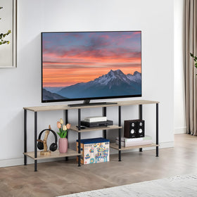 Luplom rustic grey 50-inch TV stand front view shows sturdy metal frame and warm wood for stability.