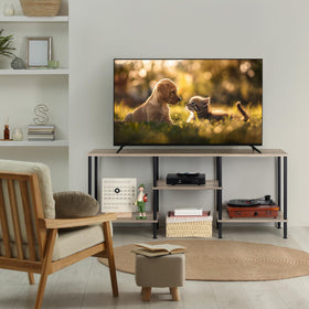 Luplom storage space accommodates media players, consoles, and decor items.
