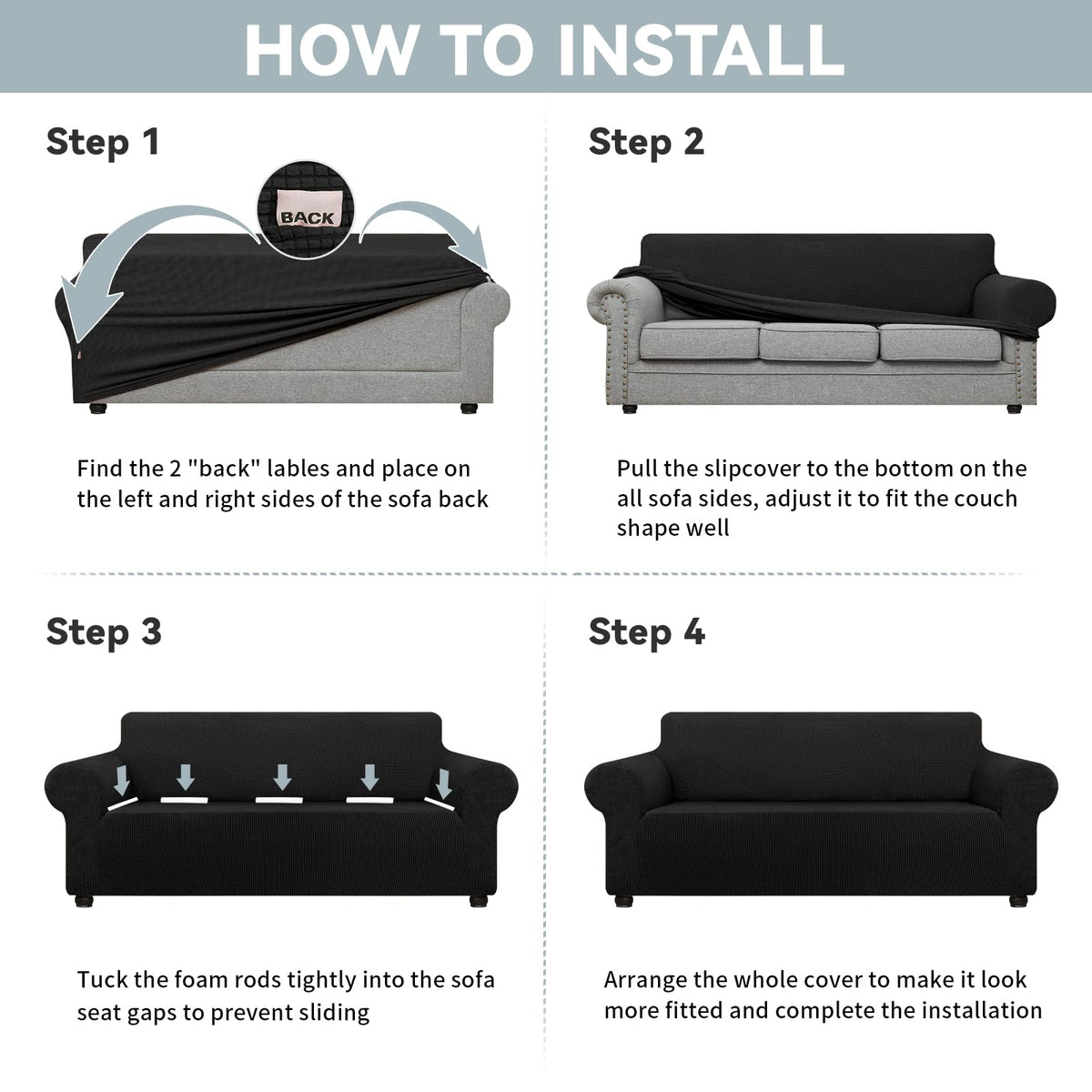 LURKA stretch sofa slipcover easy installation illustration for quick setup