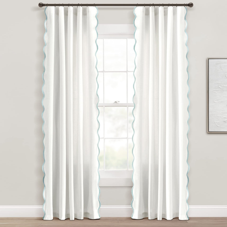 Lush Decor Coastal Chic scalloped edge curtain panel in blue and white for living room privacy