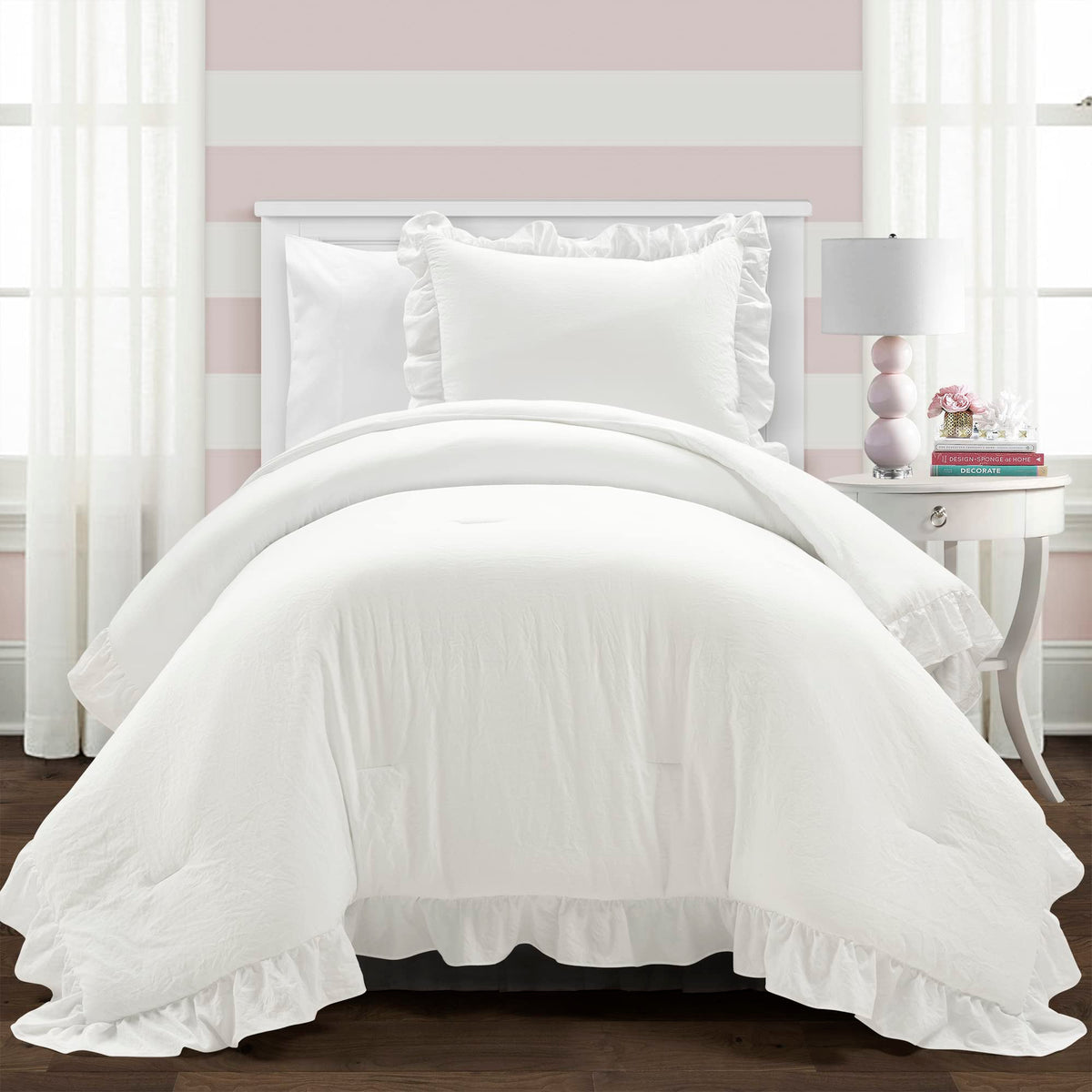 Lush Decor Reyna ruffle comforter on a cozy bed adds elegant texture.