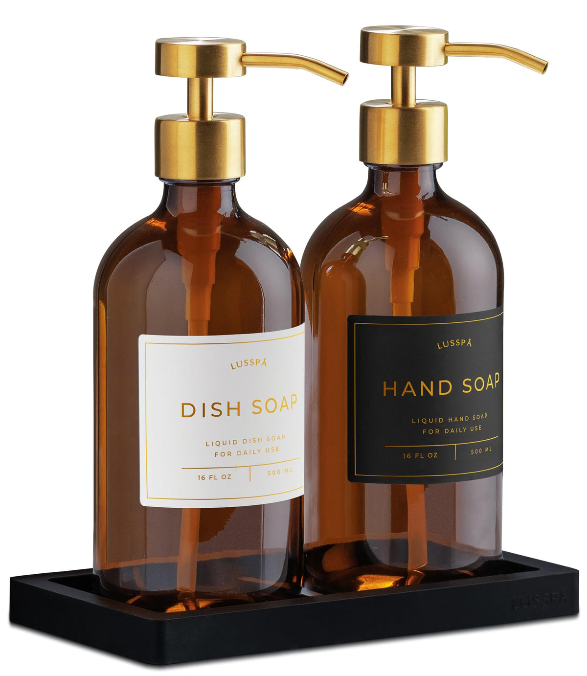 LUSSPA amber glass bottles with pumps for elegant, refillable hand and dish soap.