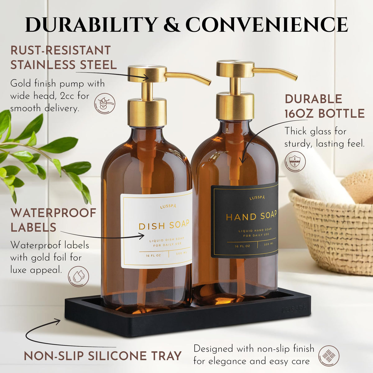 LUSSPA amber glass and gold pumps enhance modern home styling.
