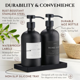 Pumps and bottles shown in a cohesive black bathroom or vanity display