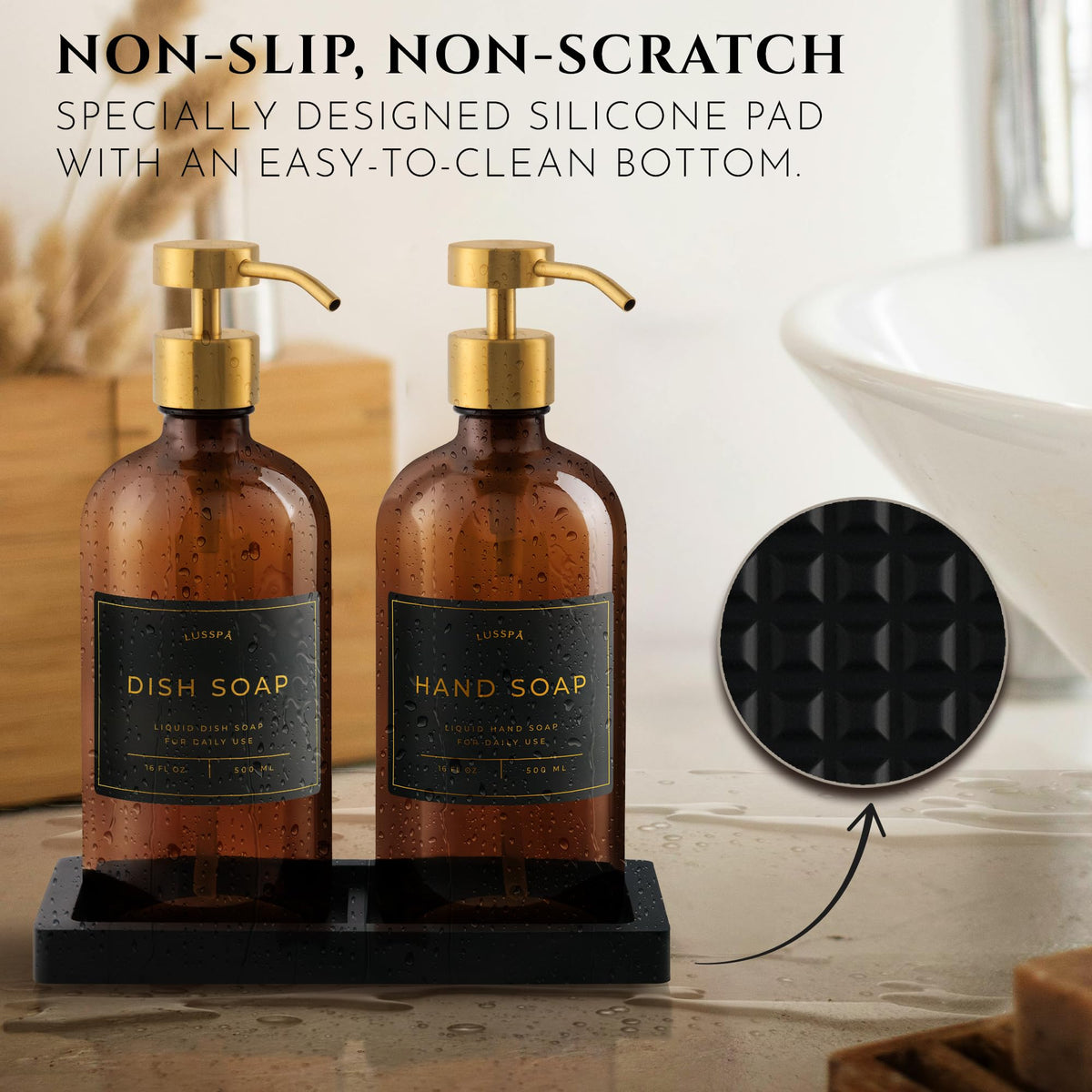 LUSSPA black silicone tray keeps bottles neatly organized on the sink.