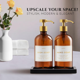 LUSSPA closeup of brushed-gold pumps on amber bottles for premium decor.