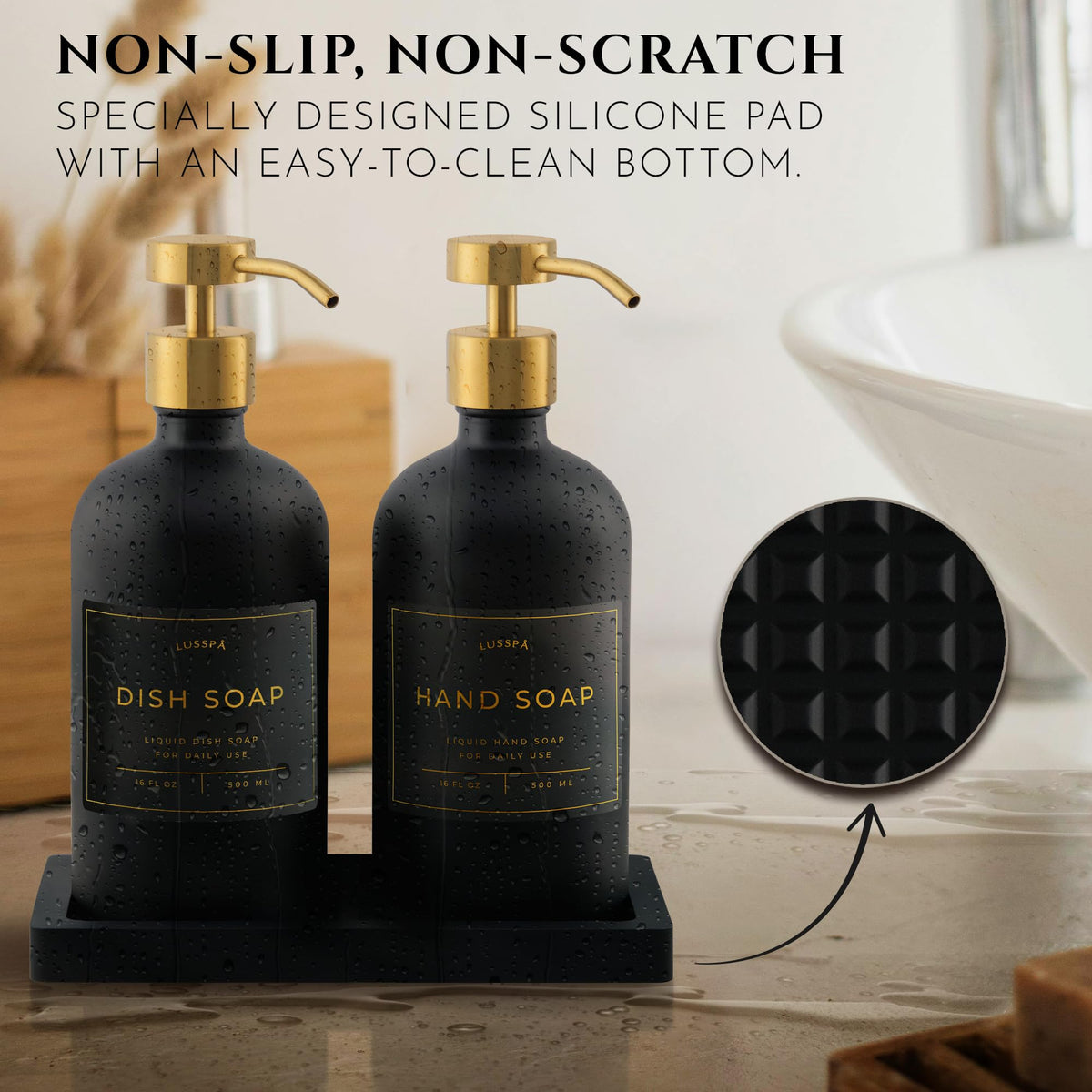 Brushed gold pumps on black glass bottles add luxury and reliable dispensing.