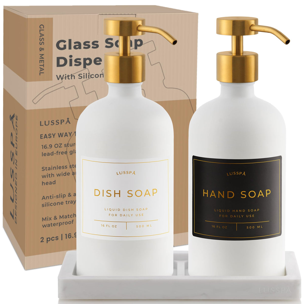 LUSSPA white glass bottles add modern elegance to sink area