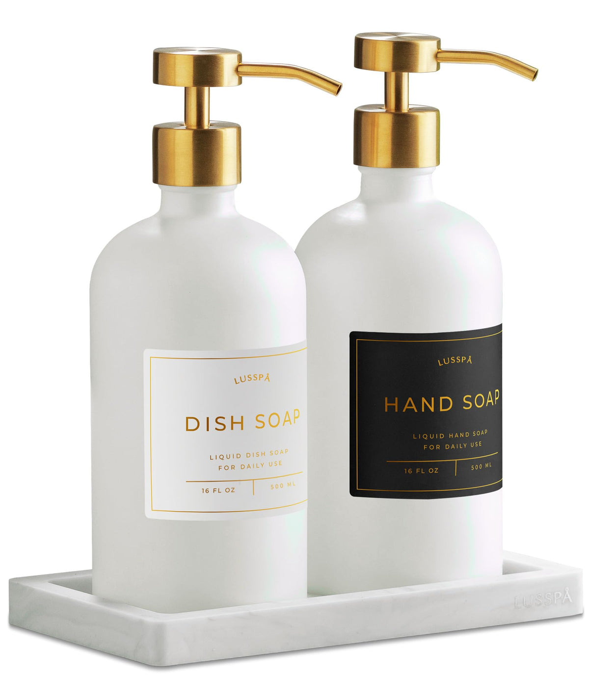 LUSSPA glass dispenser set with two white bottles for an organized kitchen