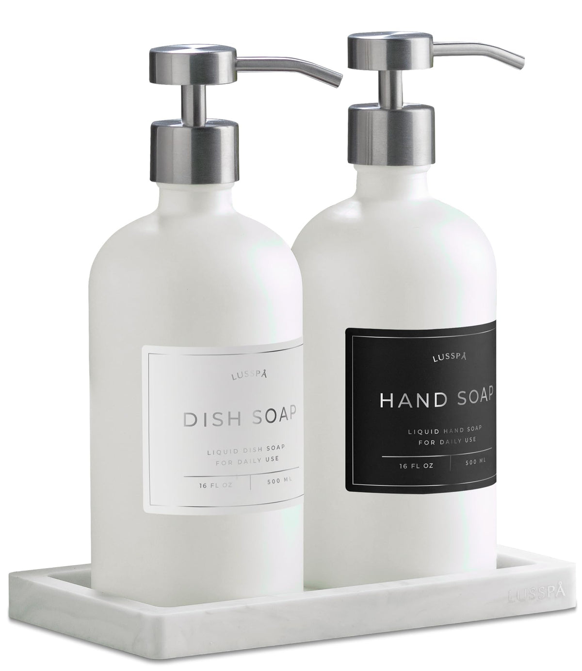 LUSSPA glass dispenser with silicone tray keeps counters tidy and stylish