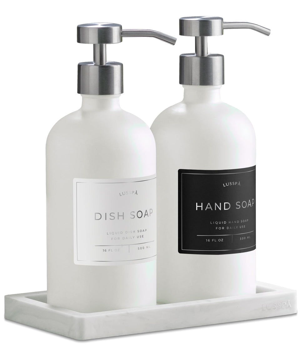LUSSPA glass dispenser with silicone tray keeps counters tidy and stylish