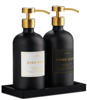 LUSSPA glass soap dispenser set on silicone tray keeps counters tidy and stylish.