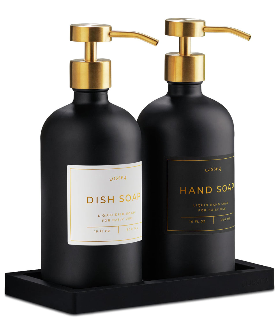 LUSSPA glass soap dispenser set on silicone tray keeps counters tidy and stylish.