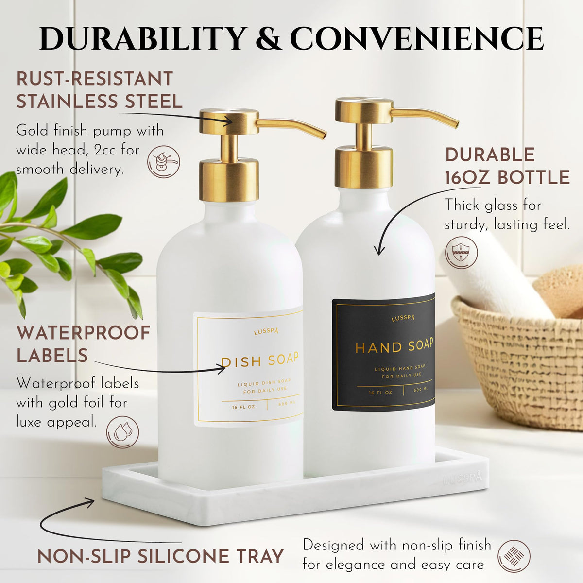 LUSSPA wide pump tops deliver smooth dispensing for dish soap