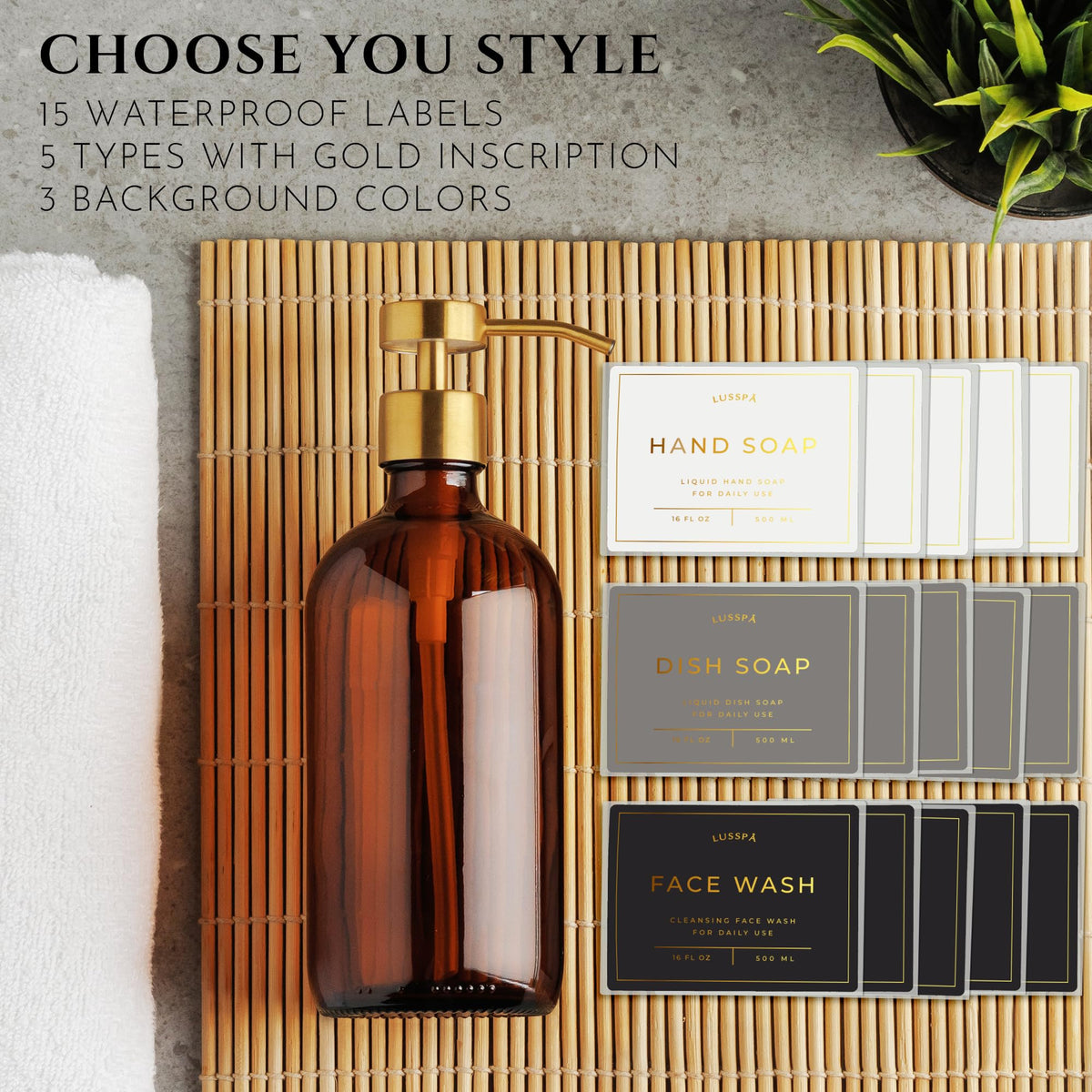 LUSSPA amber glass with gold accents elevates kitchen and bathroom organization.