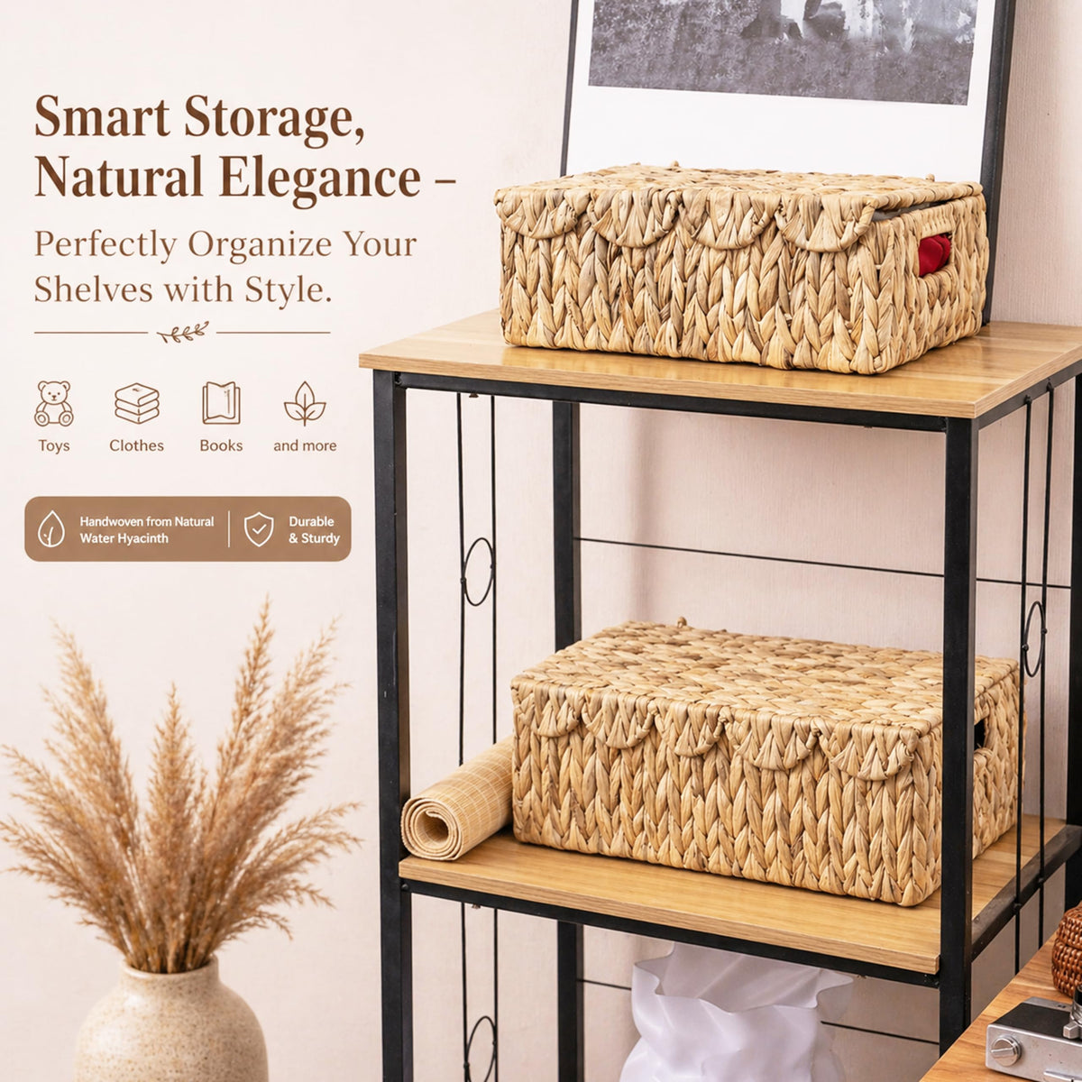 LUSYDECO rectangle wicker storage baskets with handles for easy shelf organization
