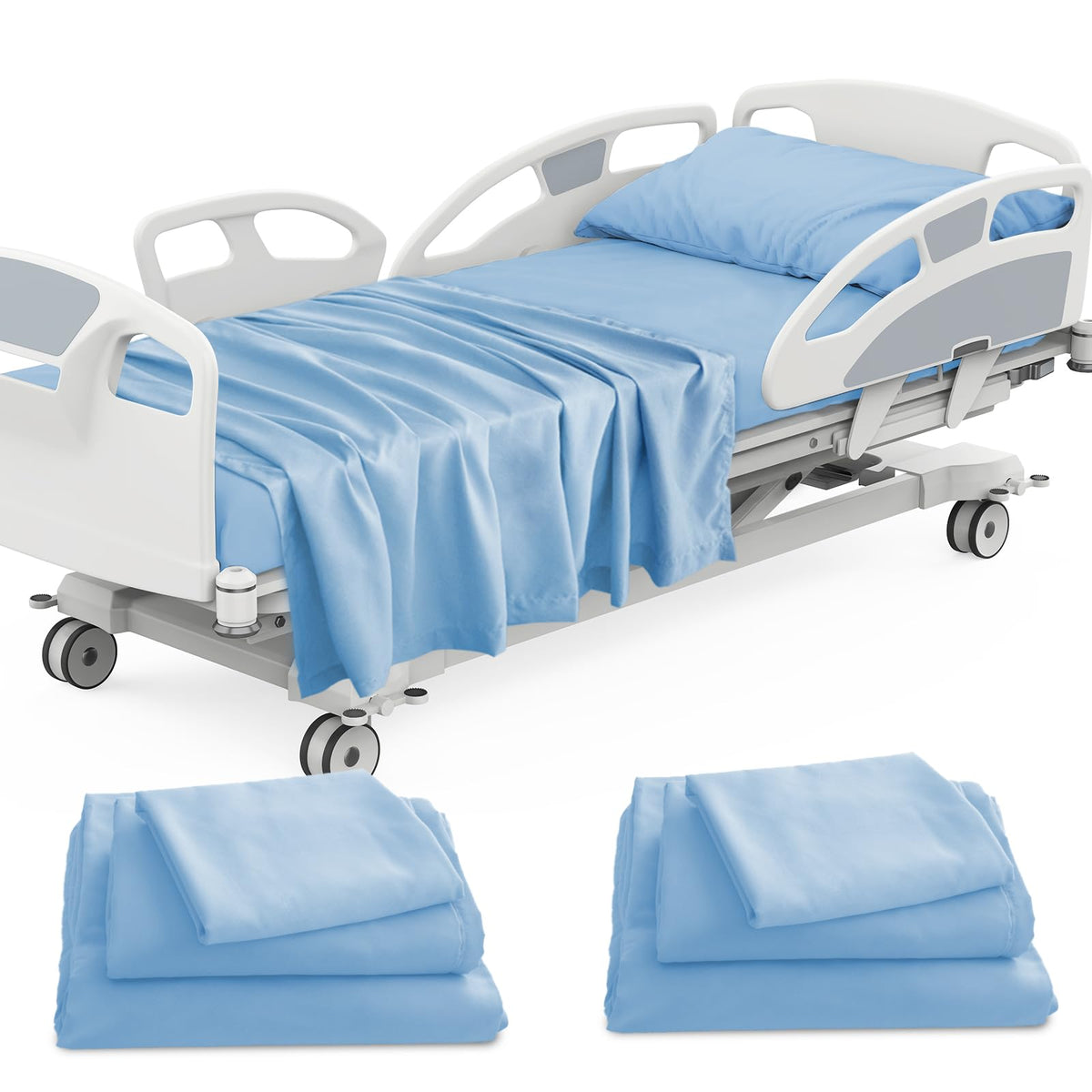 Luv4babe hospital bed sheets set in blue on a bed, showcasing a secure elastic fit.