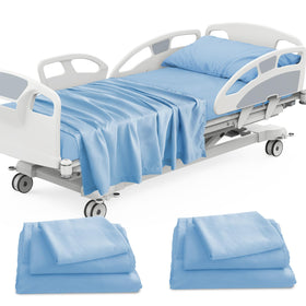 Luv4babe hospital bed sheets set in blue on a bed, showcasing a secure elastic fit.