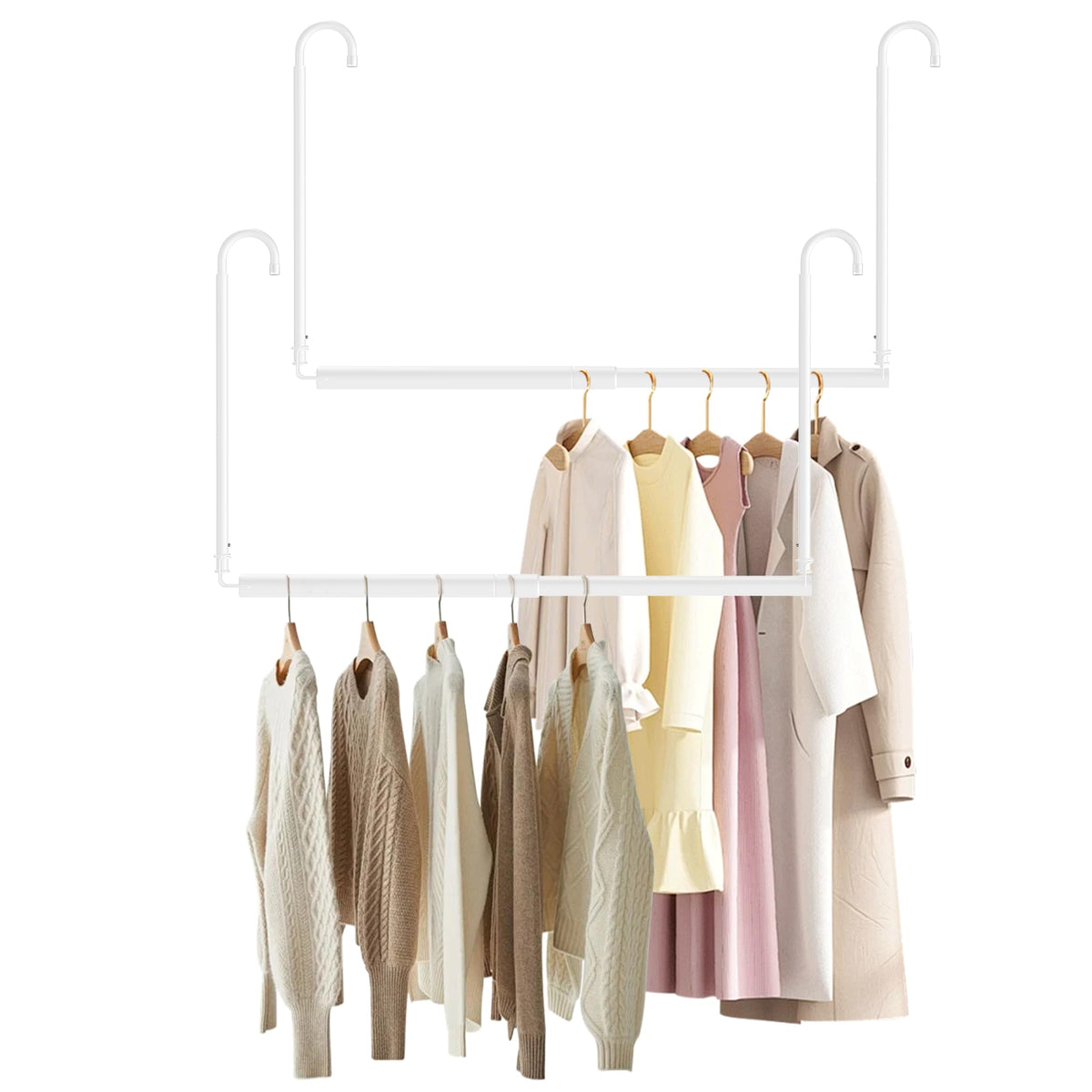 Luvenia hanging rod adjustable width in use, maximizing closet space.