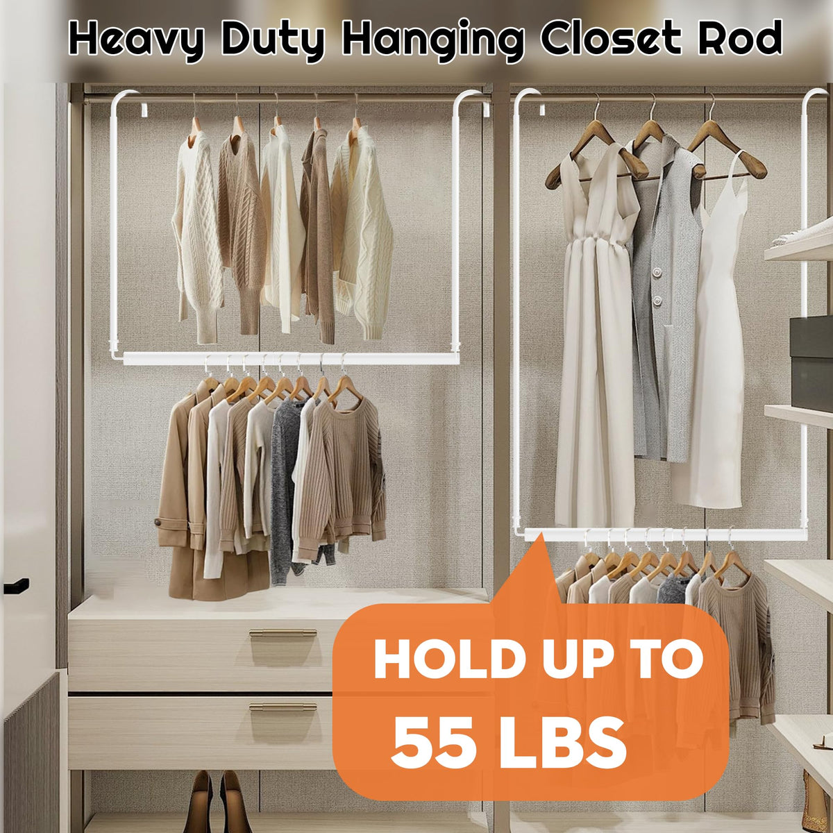 Luvenia hanging rod height adjustment shown, fits under clothes for better clearance.