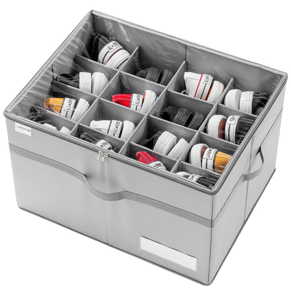 LUVHOMEE shoe organizer in closet showing 16-pair capacity for neat storage.