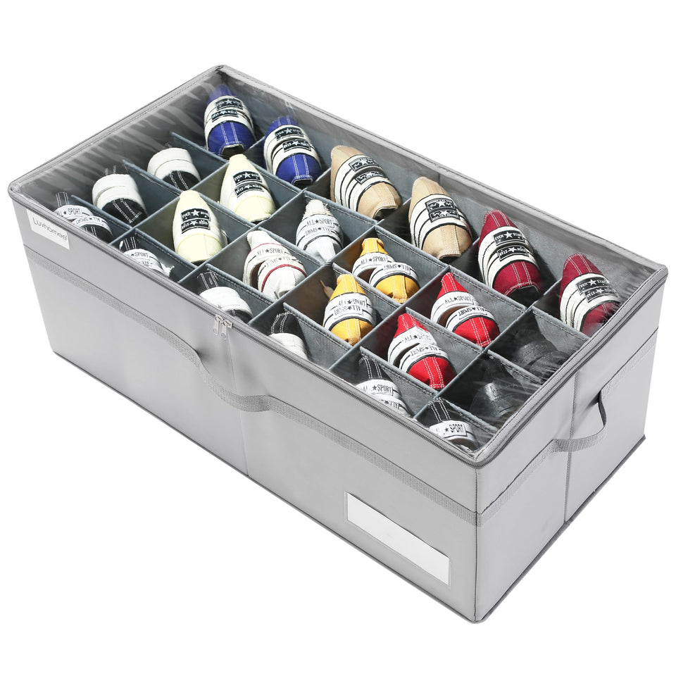 LUVHOMEE shoe organizer in closet holds 24 pairs with clear visibility.