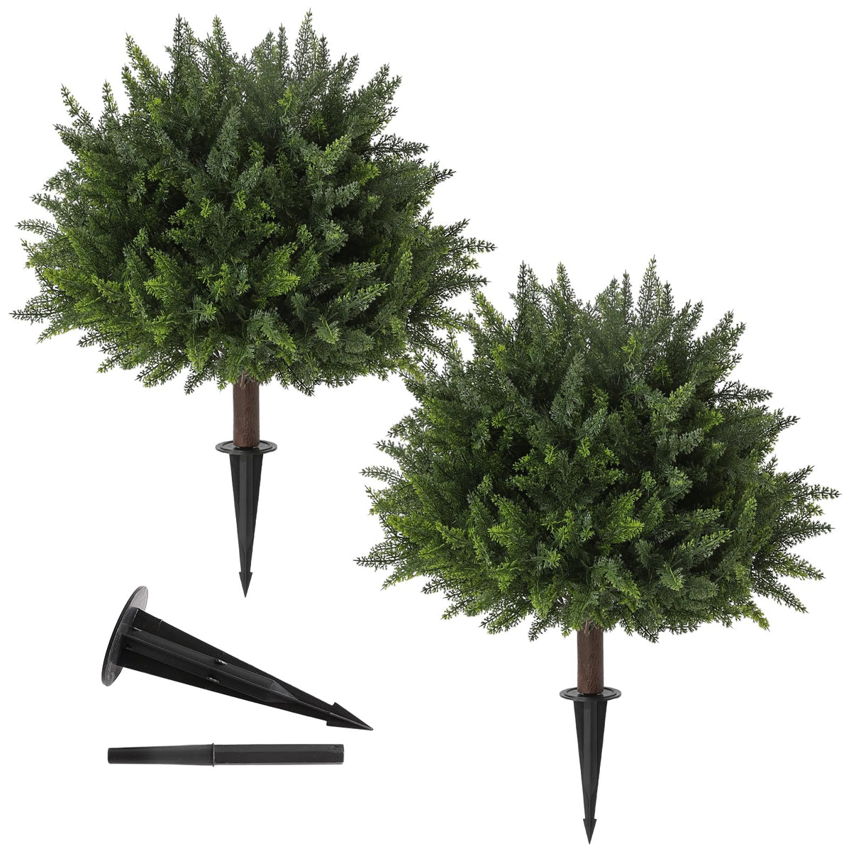 LUWENER cedar topiary 2-pack with ground spikes for stable outdoor or indoor display.