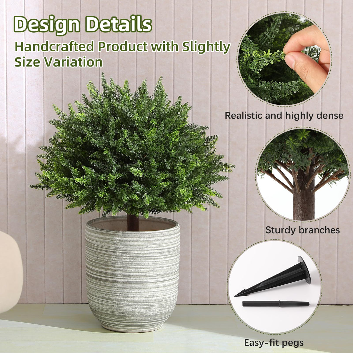 LUWENER cedar topiary weather-resistant material maintains color in sun.