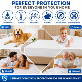 LUX Decor Queen encasement shows 14-inch deep pocket for a snug fit.