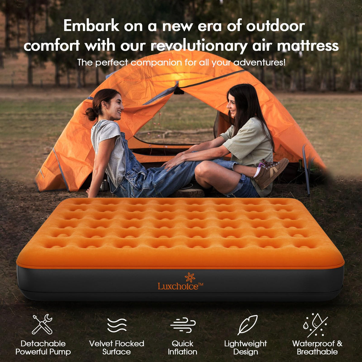 Luxchoice queen air mattress inflated at a campsite showing portable convenience.