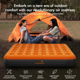 Luxchoice queen air mattress inflated at a campsite showing portable convenience.