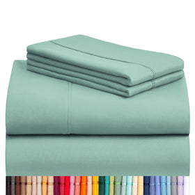 LuxClub 4 PC Queen Sheet Set folded in light teal, inviting daily comfort.