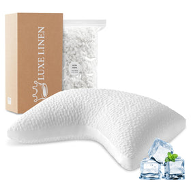 Luxe Linen cooling side sleeper pillow curves to support neck and shoulders for restful sleep.