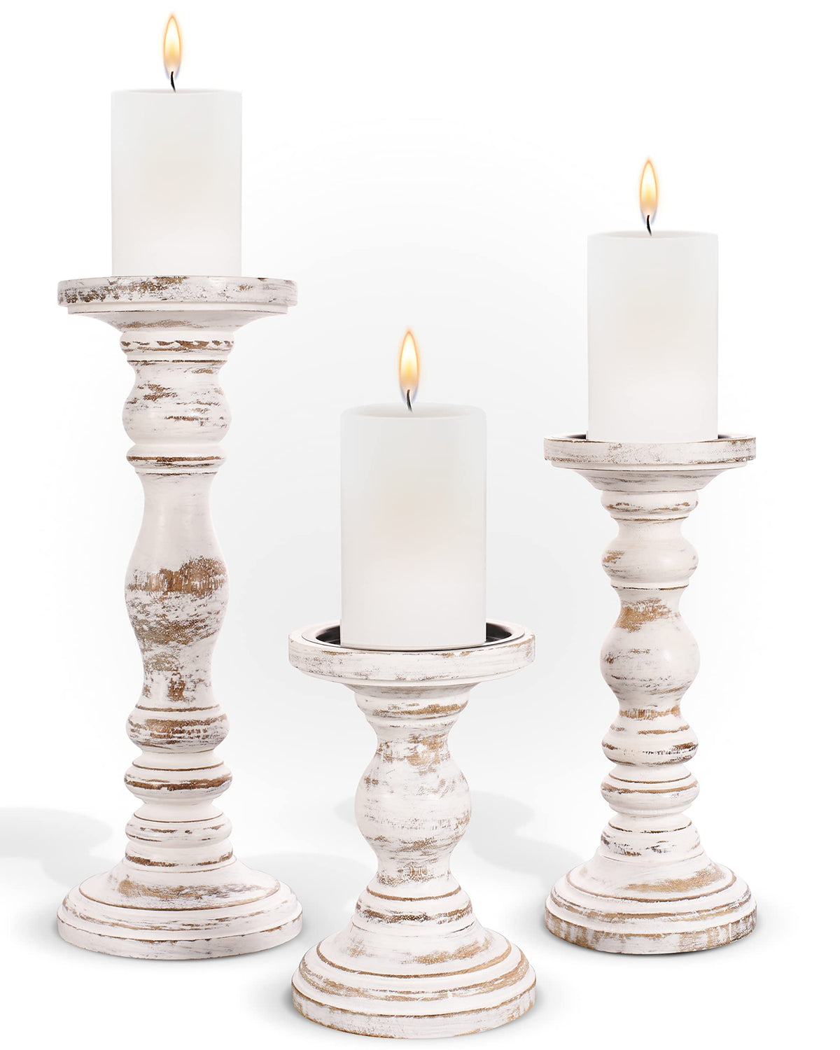 Luxe Designs pillar candle holders 3pc white create a warm table centerpiece.