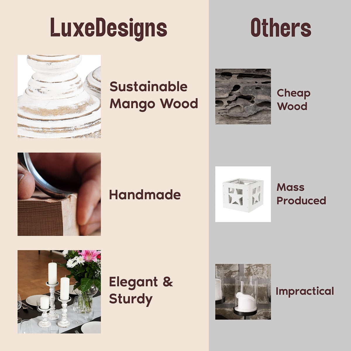 Luxe Designs rustic mango wood candle stands showcase artisanal craftsmanship and texture.