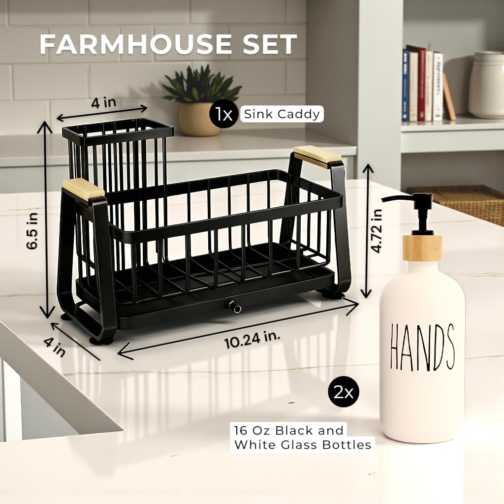 LUXENEST farmhouse sink caddy keeps sponges and brushes neatly within reach.