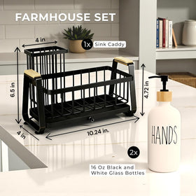 LUXENEST farmhouse sink caddy keeps sponges and brushes neatly within reach.