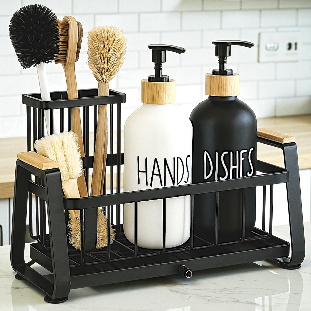 LUXENEST hand and dish soap glass bottles with bamboo pumps for organized countertops.