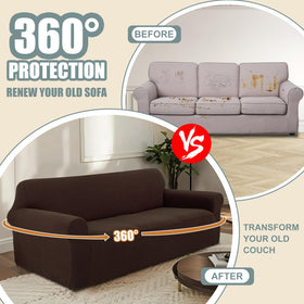 Luxshare Home chocolate color stretch slipcover closeup demonstrates easy care and stain resistance.