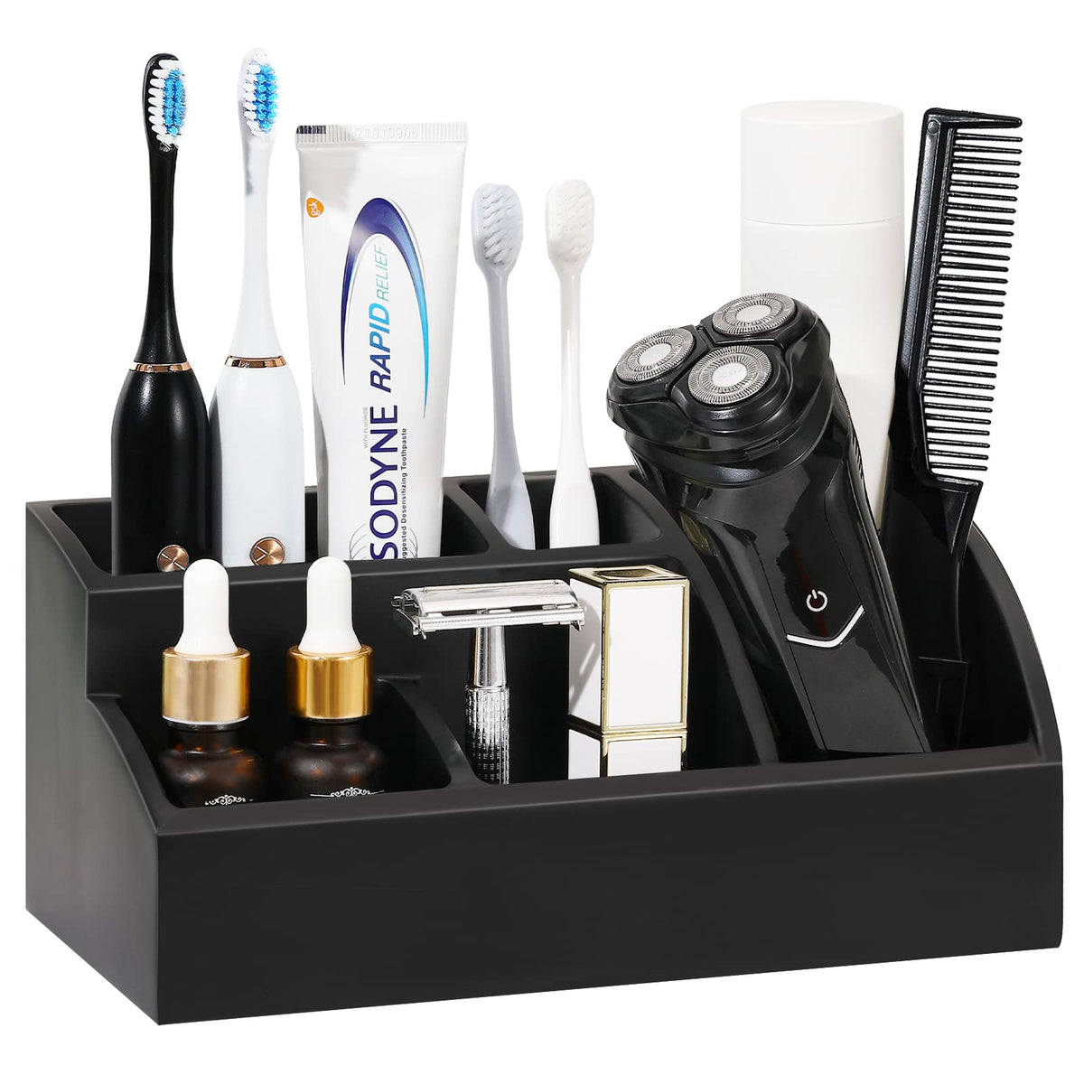 Luxspire 5-slot organizer back view with toothbrushes and toothpaste