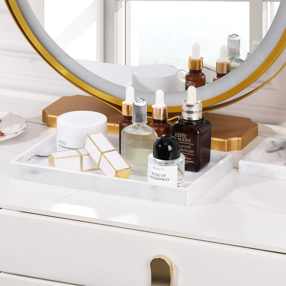 Luxspire perfume and candle tray adds elegant storage to a dresser.