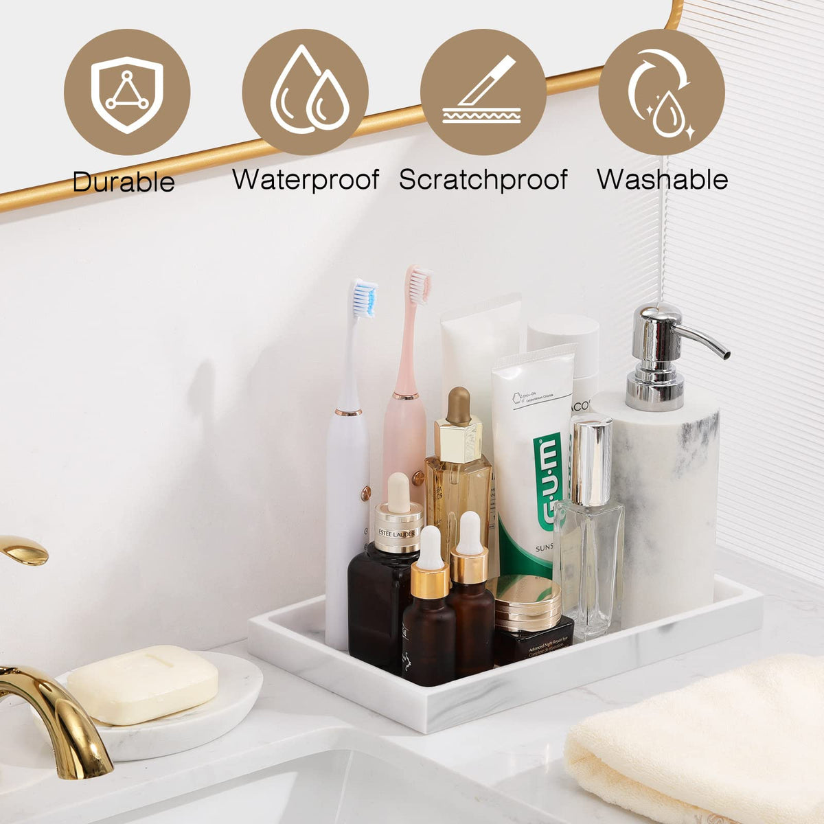 Luxspire resin jewelry dish holds rings and necklaces neatly on the counter.