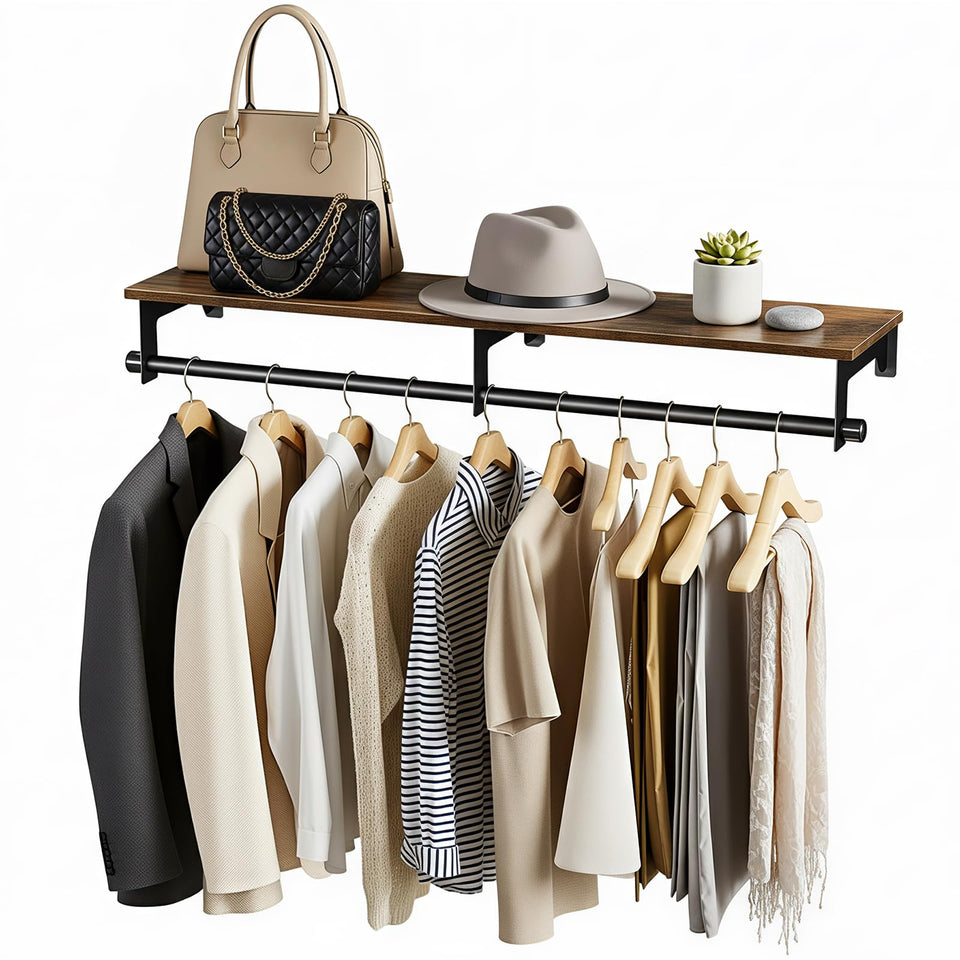 Luxspire wall-mounted clothes rack front view shows durable pipes and top shelf